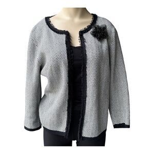 Crystal Kobe Women's Small Cardigan Sweater Black‎ White 3/4 Sleeve Flower